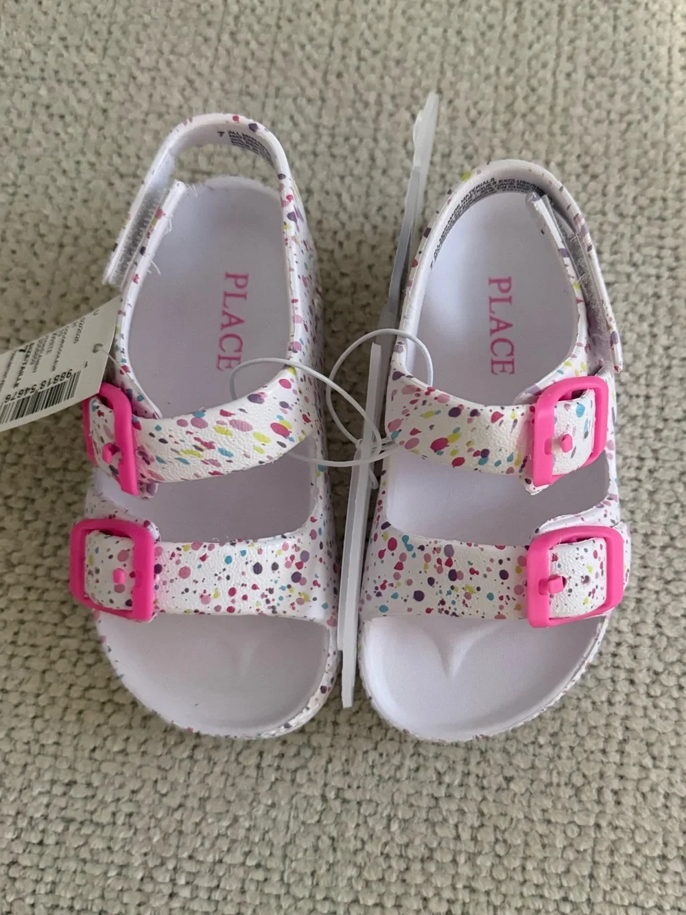 The Children's Place White Sandals with Pink Buckles and Multicolor Speckles